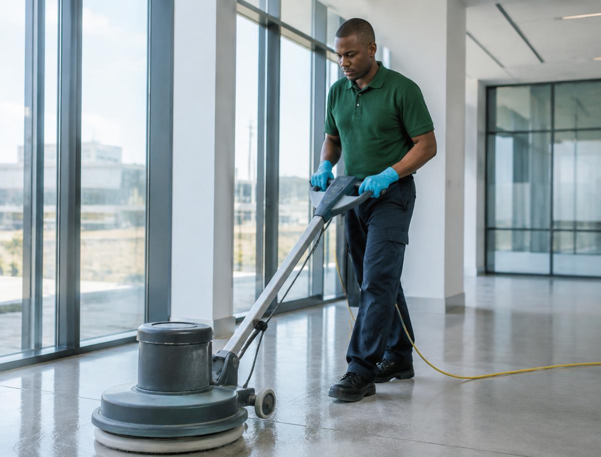Cleaning worker caring for the floor of a commercial facility